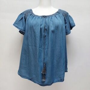 Alex & Parker Blouse Women's L Blue Tencel Smocked Boho Tassel Peasant Boho